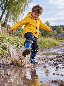 Boy splashes water while jumping in a puddle on a sunny day in a rural setting
