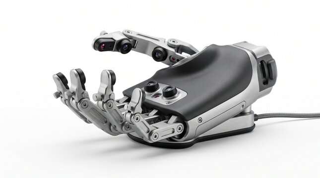 Robotic hand prosthetic, modern bionic arm technology, advanced mechanical hand isolated on white background
