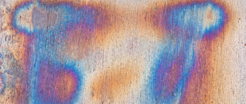 Heat stained steel texture background. Rainbow temper colors on scorched metal surface. Industrial colorful background