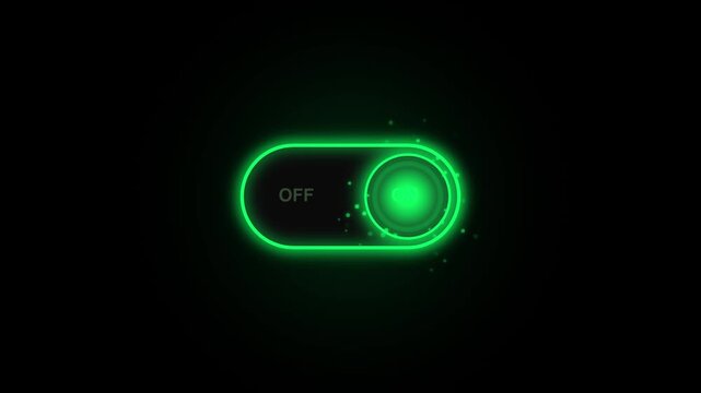 Glowing green toggle switch ui animation turning on with particle effects button
