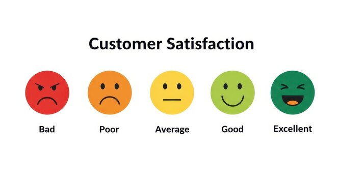 Customer satisfaction scale with five colored emojis ranging from bad to on white background