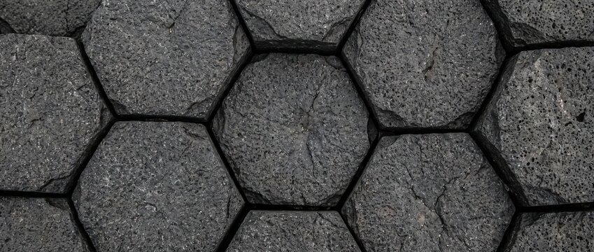 Hexagonal basalt stone texture. Columnar jointing volcanic rock background. Geometric dark stone surface