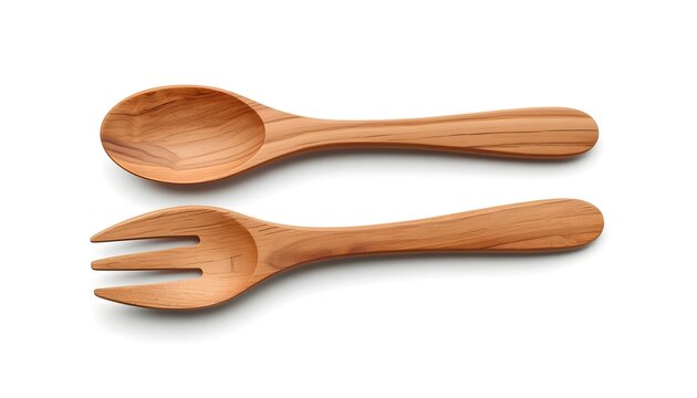 Wooden spoon and fork set on white background for eco-friendly