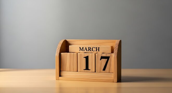 Wooden calendar cube showing march 17 date