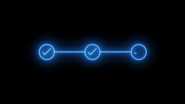 neon 3 step infographic process with check mark icon. infographic step by step process icon animation on black background
