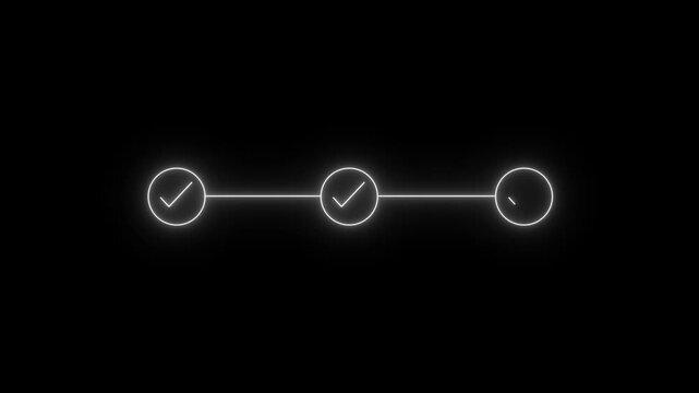neon 3 step infographic process with check mark icon. infographic step by step process icon animation on black background