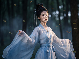 Fototapeta premium Young lady in pale cyan hanfu stands in misty forest, floating fallen leaves drift around with warm soft light filtering through trees.