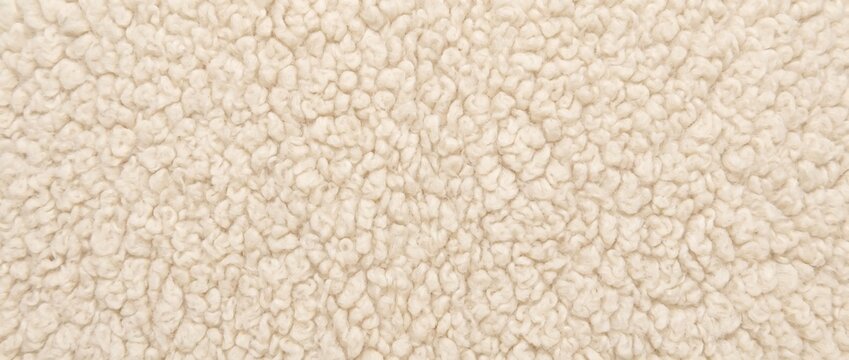 Sherpa fleece curly texture background. Close up of soft beige wool shearling fabric. Cozy fluffy textile backdrop