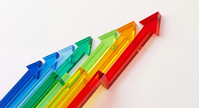 Colorful translucent glass arrows rising diagonally on white for teamwork and growth
