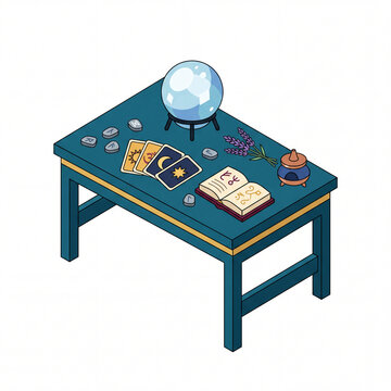 Crystal ball rests on a dark teal fortune teller table featuring tarot cards, rune stones, an open spellbook, and smoking incense.