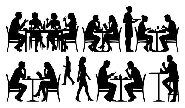 Restaurant dining people black silhouette vector set for architectural section