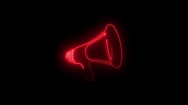 Red Neon Glowing Megaphone Outline Drawing Animation on Black Background