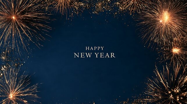 Happy new year greeting design with golden firework explosions frame on a dark blue background wallpaper