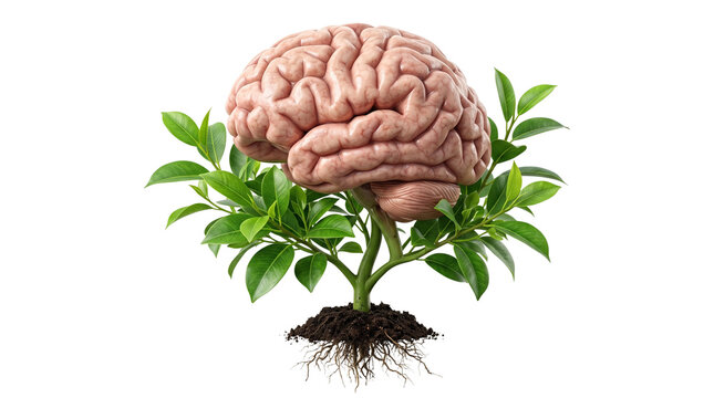 Conceptual human brain growing as a green plant with roots in soil, mental health and cognitive growth concept, organic brain development