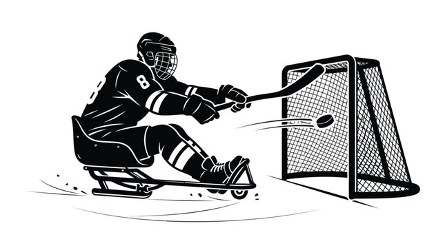 Sledge hockey player scoring a goal during an intense winter sports match vector graphic illustration style