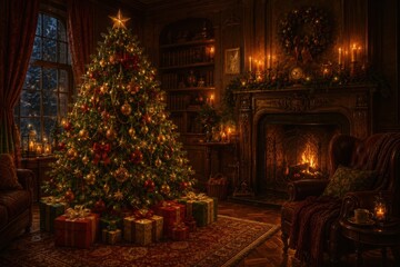 Obraz premium Cozy Victorian Christmas living room with tree and fireplace