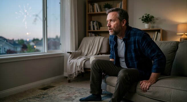 Veteran with PTSD startled by distant fireworks while at home. Hypervigilance and startle responses
