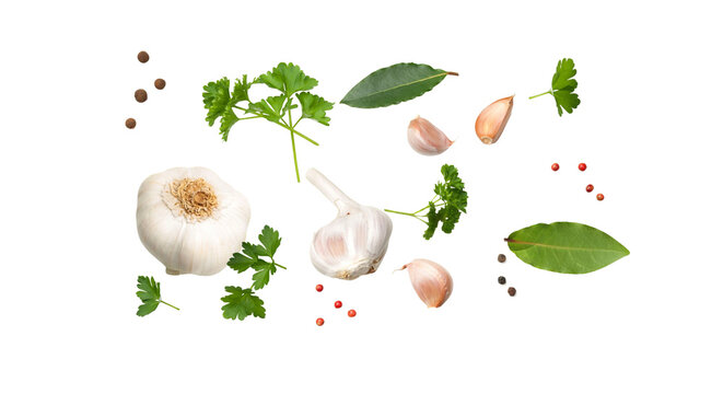 Fresh garlic, herbs, and spices floating isolated on black background