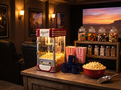 Private home theater snack station holds retro popcorn machine, candy jars, striped cups, leather seats and sunset movie screen.