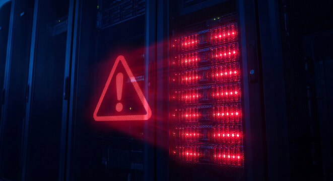 Red warning triangle glowing on server rack door with alert lights in dark data center
