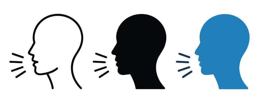 Set of minimalist profile icons showing vocal human heads speaking with sound waves on white background for communication concept.