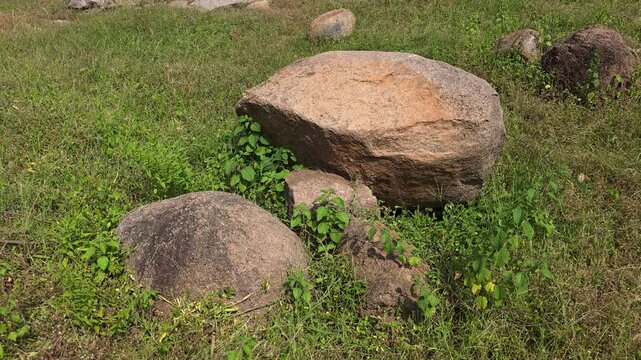 Rounded granite boulders in green grass