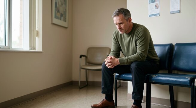 Anxious father waiting for news from family member. Everyday anxiety and persistent worry