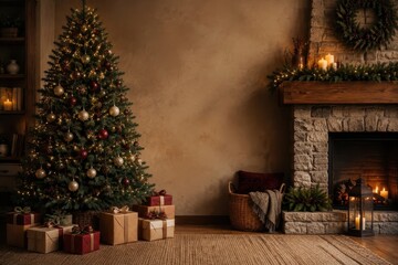 Obraz premium Cozy Christmas tree, gifts, glowing fireplace holiday interior
