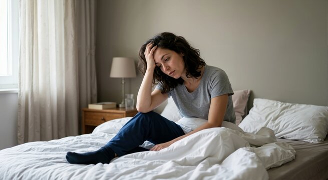 Woman struggling to get out of bed with depression. Depression in daily life low energy and loss of interest