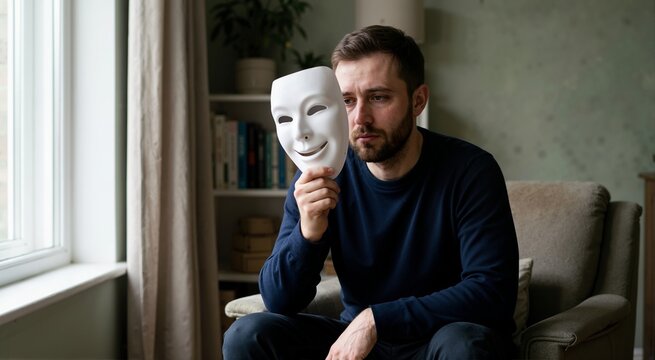 Man holding smiling mask in front of sad face. Male depression and hidden emotions