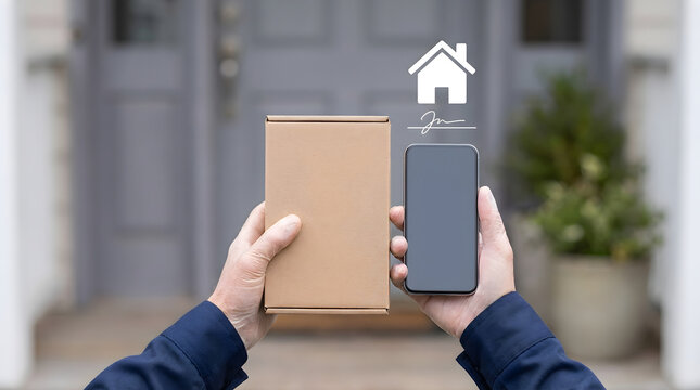 Person holding smartphone with home delivery package at front door.