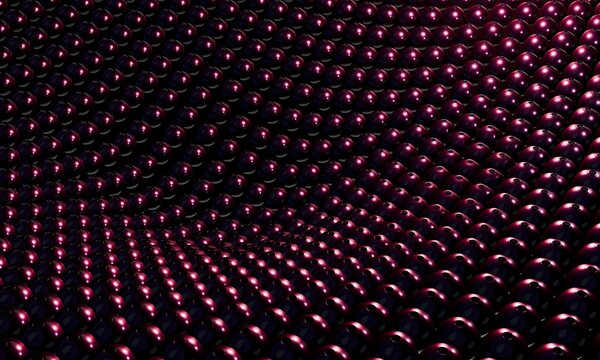 Wavy grid of burgundy 3D spheres on black
