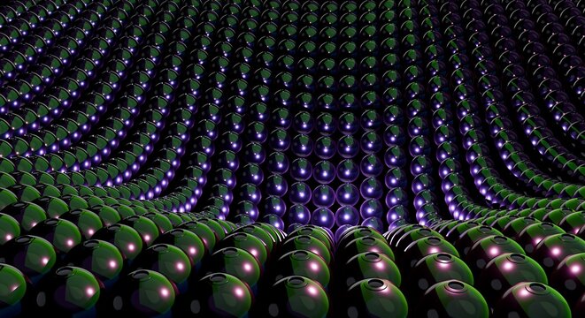 Curved funnel of violet and green 3D spheres