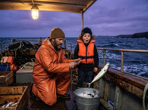 Fishing boat crew with child on stormy sea at dusk