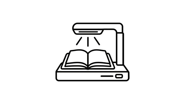 Digital book scanner icon black line art for document digitization process.