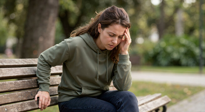 Person feeling dizzy during panic attack while seated on bench. Panic attacks and physical sensations