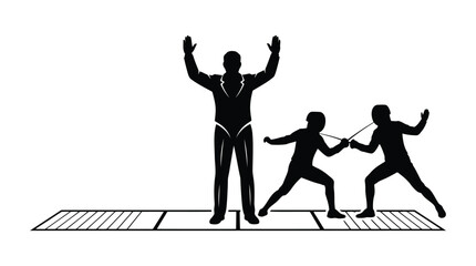 Obraz premium Fencing referee declaring winner of match with two competitors on piste vector illustration