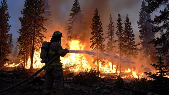 Firefighter actively douses a forest wildfire at night, silhouetted against intense flames and smoke, embodying bravery and protection