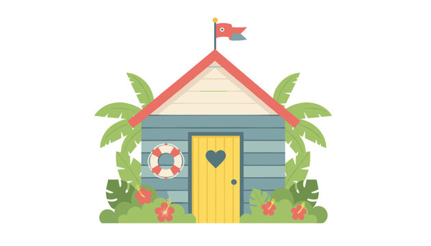 Charming beach hut painted in blue shades is surrounded by green palm trees and beautiful tropical hibiscus flowers.