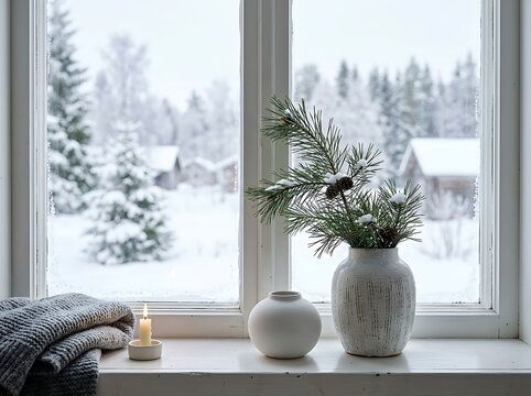 Cozy winter window sill with pine branches in a vase and lit candle