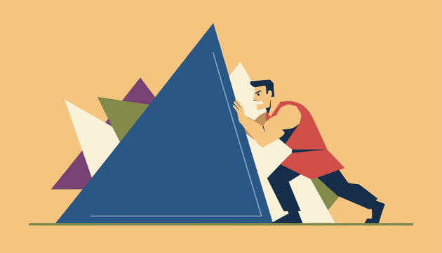 Determined man uses all his strength to push back a giant falling triangle block to represent overcoming challenges.