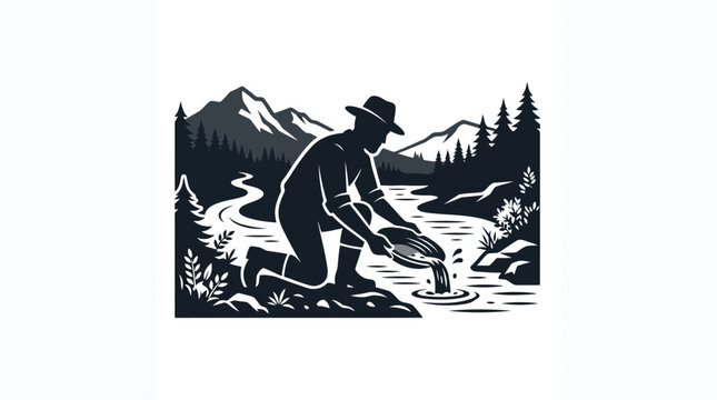 Gold miner panning for gold in a mountain river vector graphic