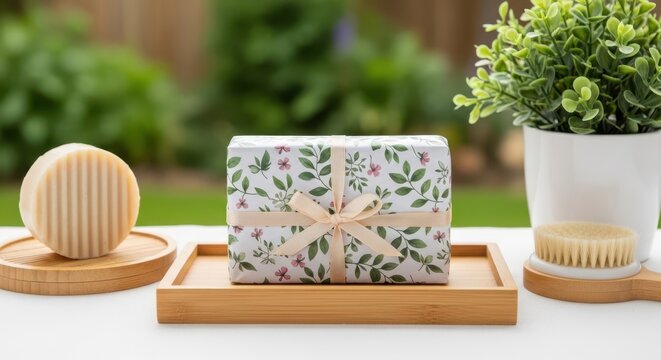 Natural soap bars with floral wrapping and bamboo tray on a white surface in a garden setting