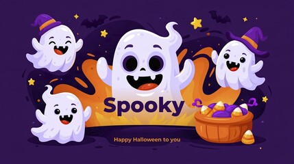 Obraz premium Cute ghost friends celebrating Halloween with candy bowl and festive decorations