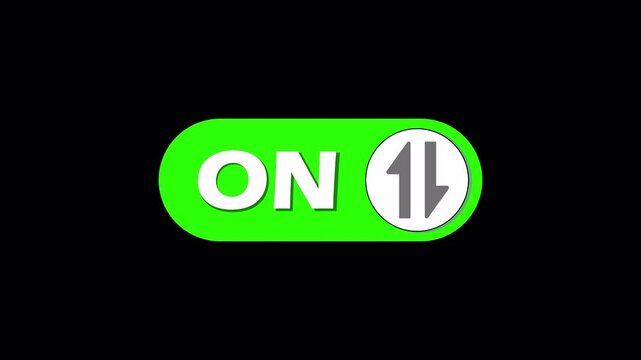 Green ON toggle switch button animation with power symbol, activation indicator, digital interface and modern technology design