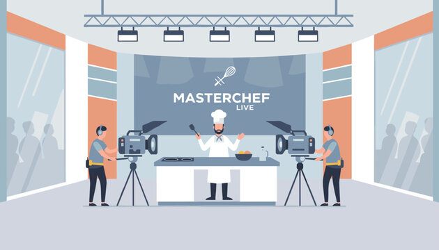 Professional television studio during live recording of masterchef cooking show with chef and camera operators.