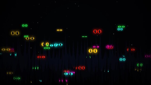 Glowing Monster Eyes Blinking in Dark Forest at Night for Halloween