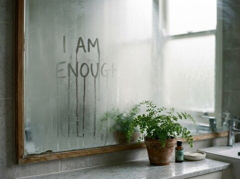 Self affirmation on a fogged bathroom mirror with greenery
