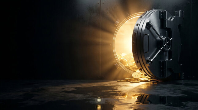 Open Steel Bank Vault Revealing Glowing Gold Cryptocurrency Coins with Dramatic Volumetric Lighting