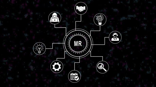 Comprehensive mr technology and business strategy concept animation featuring interconnected digital futuristic data nodes, and corporate networking solutions on dark background